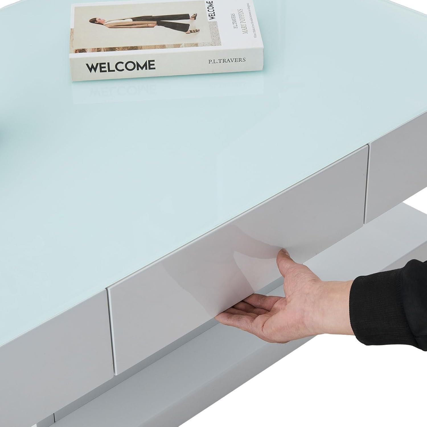 Modern White High Gloss Tempered Glass Coffee Table with 2 Drawers 100x60cm