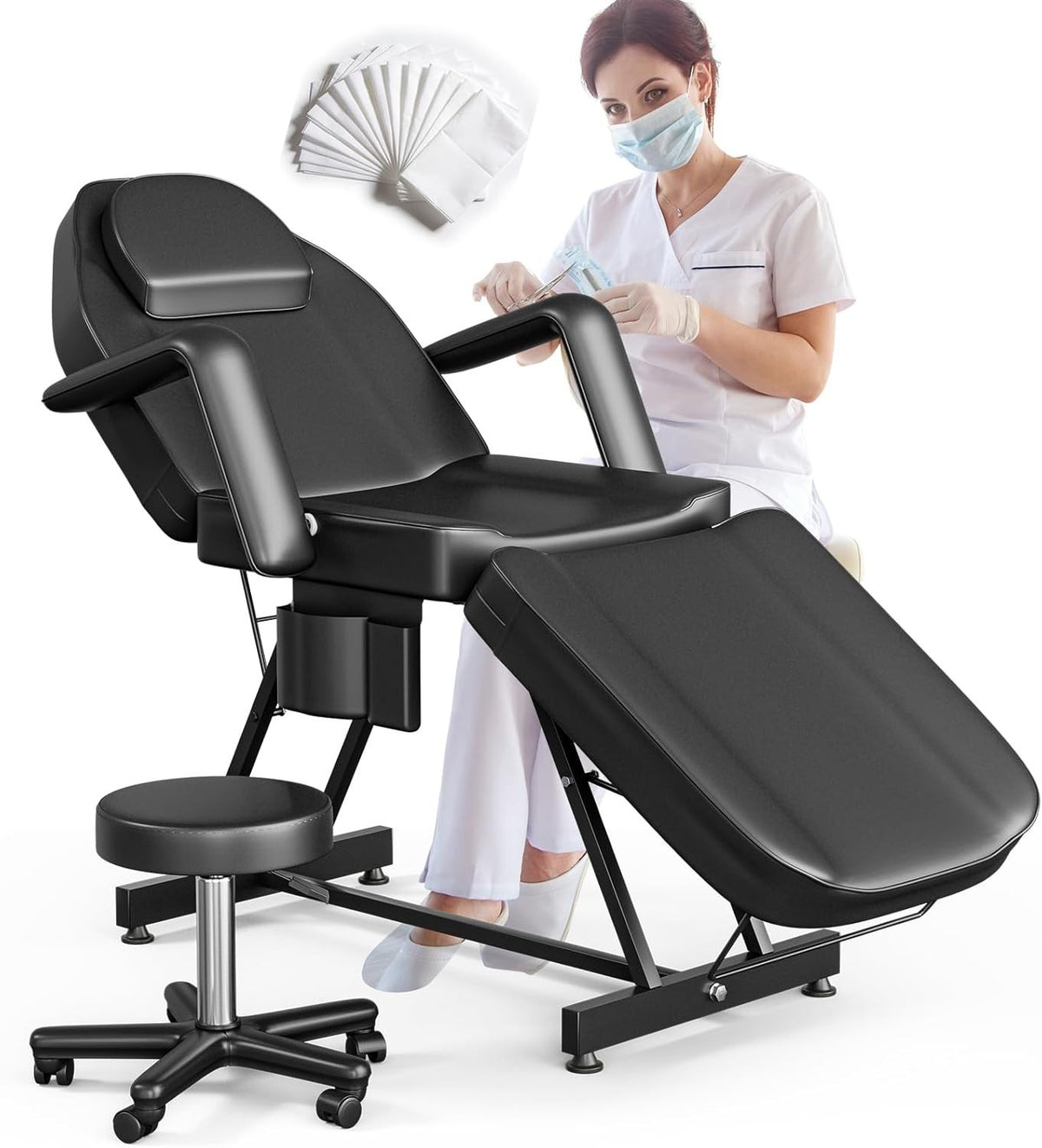 Adjustable 3-Section Beauty Massage Bed w/ Hydraulic Stool & 20 Sheets Black