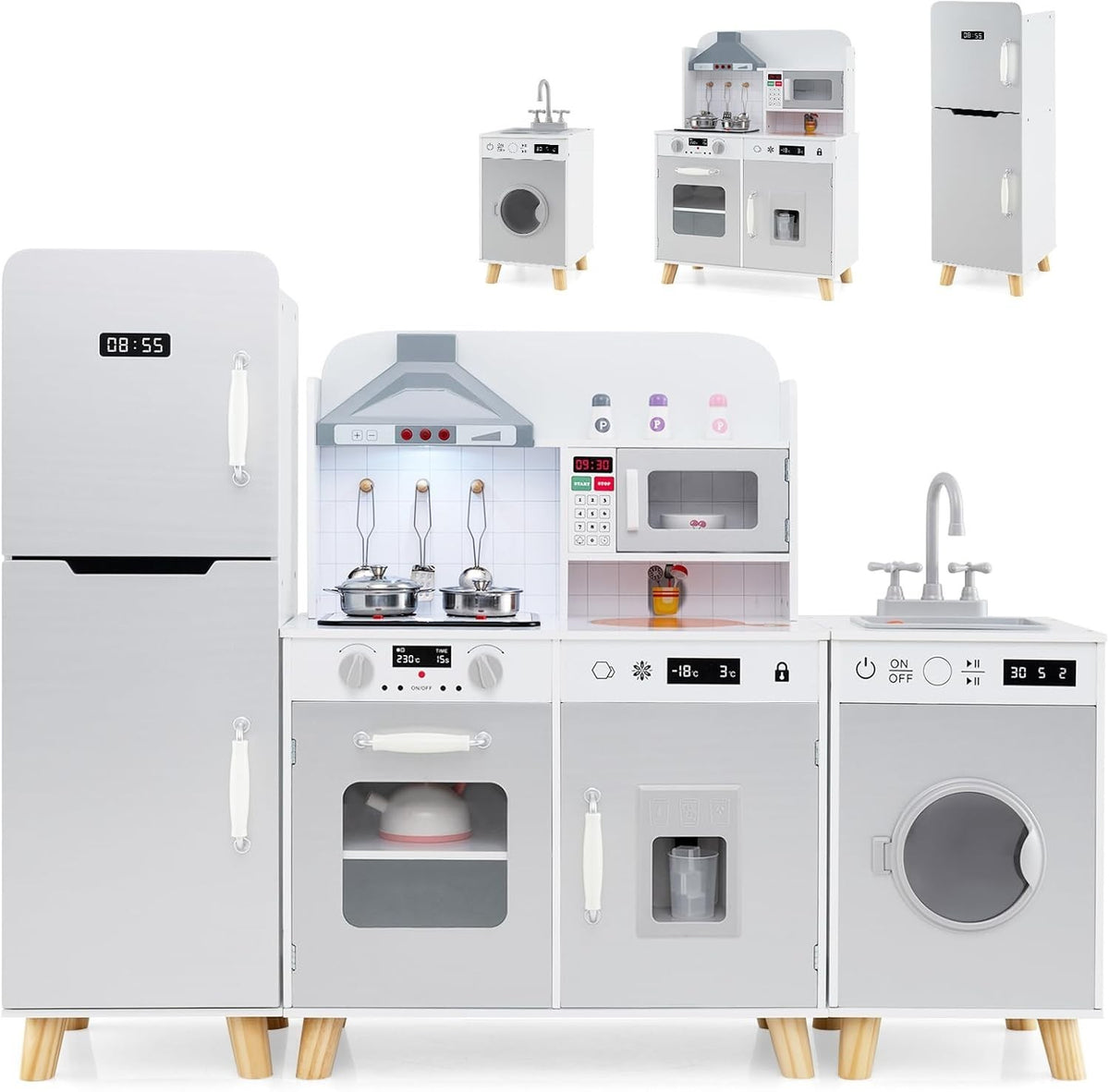 Large Wooden Kids Play Kitchen Set Light Sound Fridge Washer Microwave