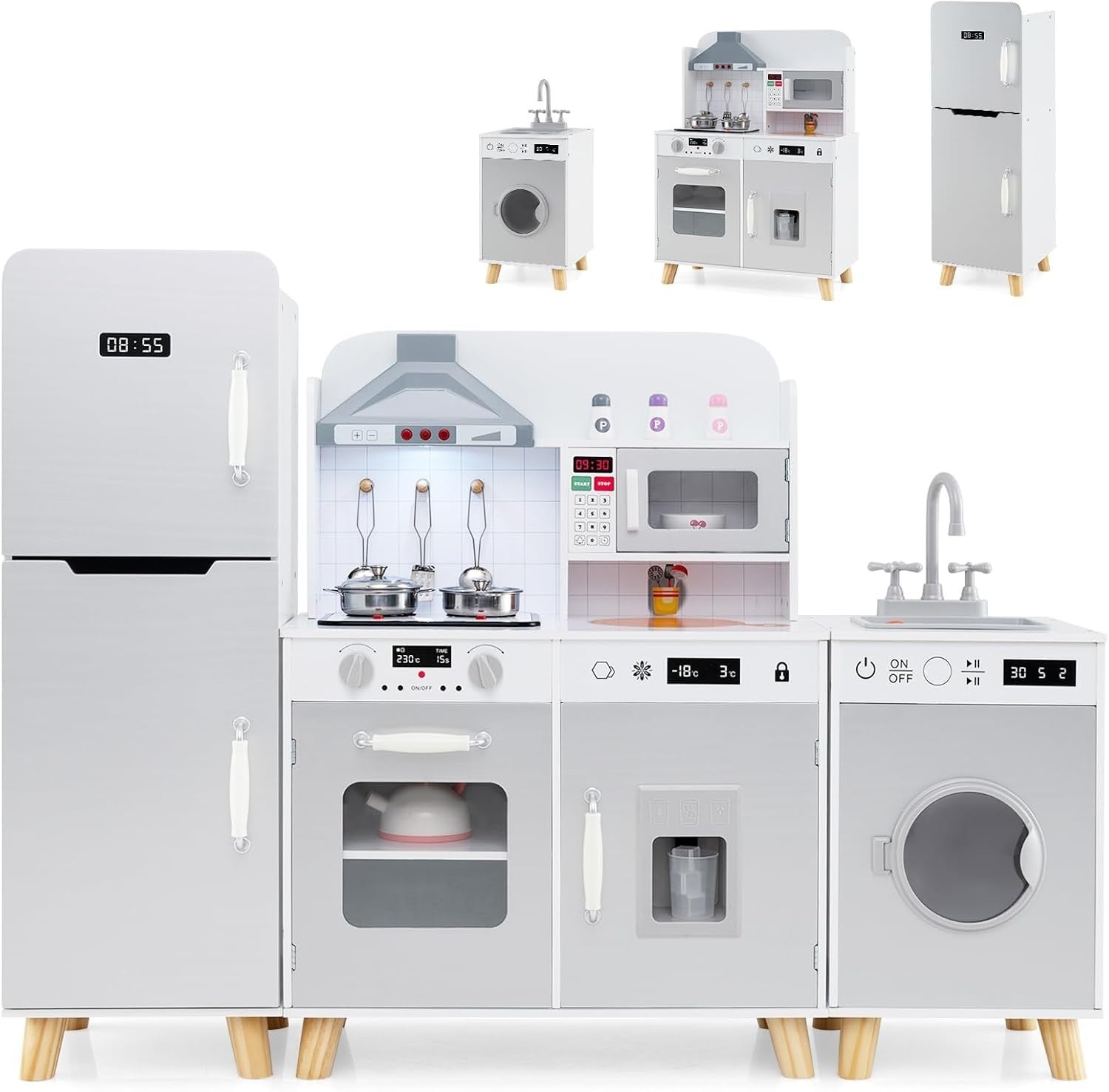 Large Wooden Kids Play Kitchen Set Light Sound Fridge Washer Microwave