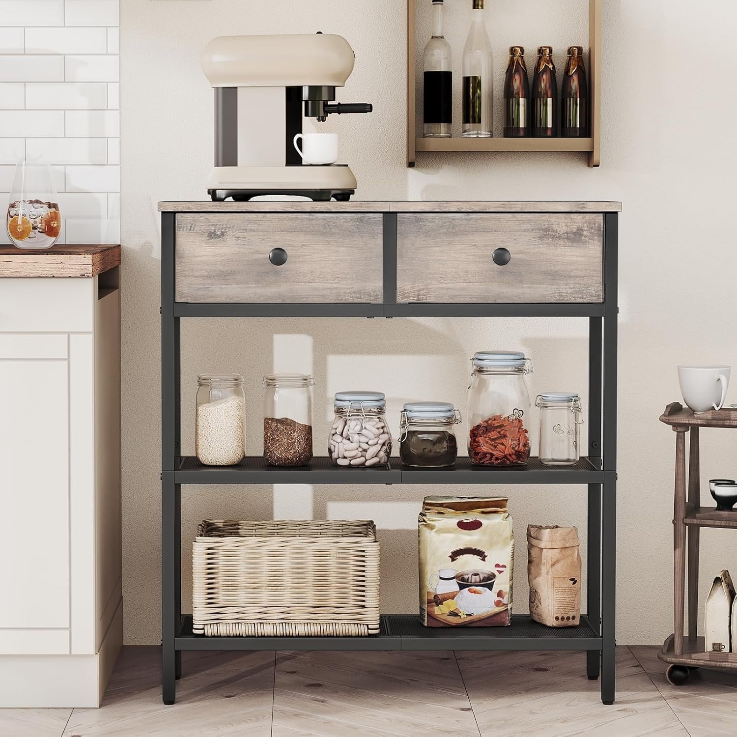 Slim Console Table with 2 Drawers, Storage Shelves, Adjustable Feet, Industrial