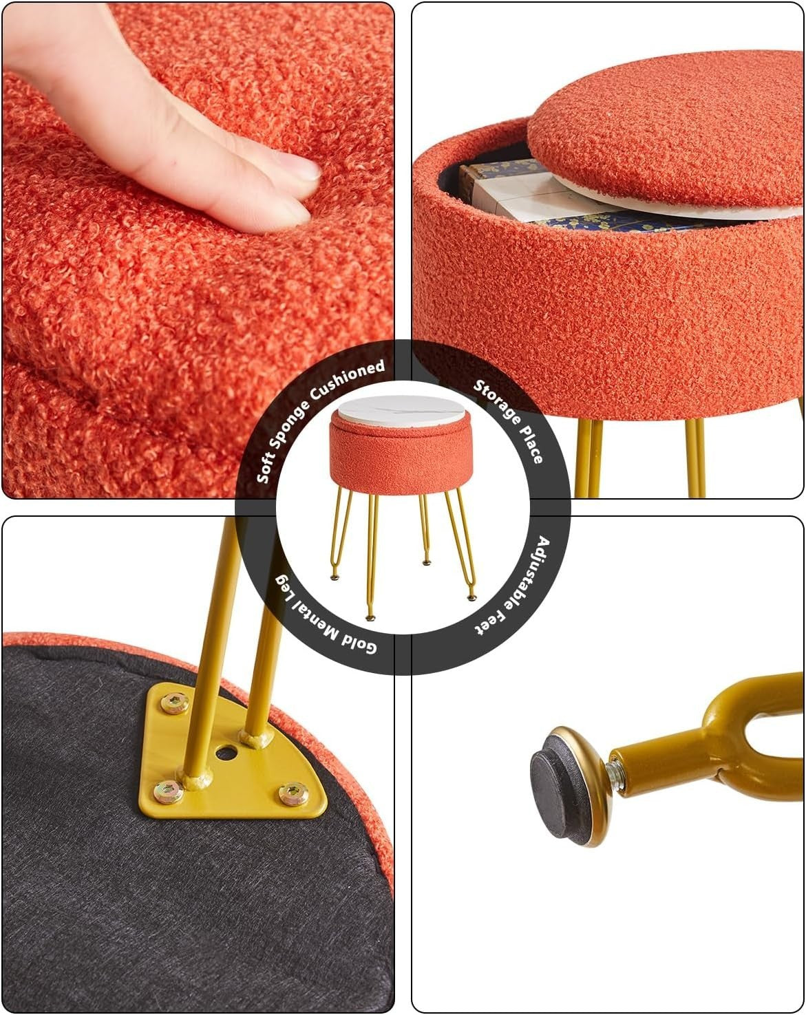 Orange Teddy Velvet Storage Footrest Stool – Vanity Ottoman with Golden Legs