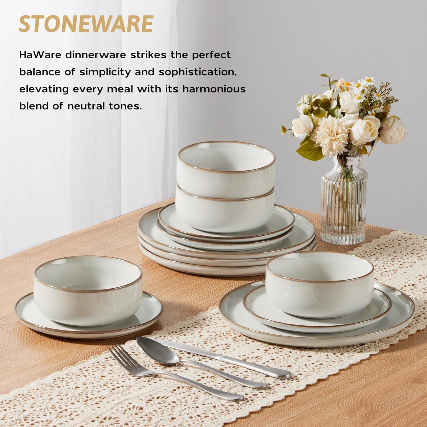 12 Piece Stoneware Dinner Set Plates Bowls Dishwasher Microwave