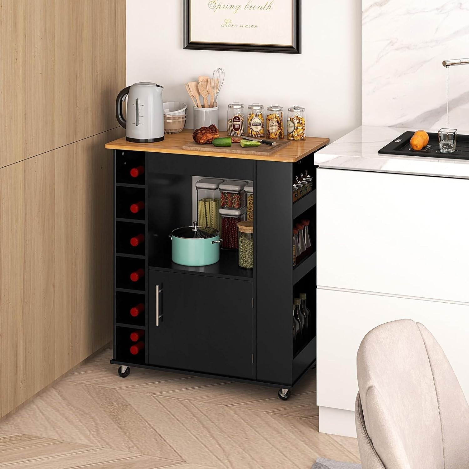 Kitchen Island on Wheels Bamboo Top Wine Rack Cabinet