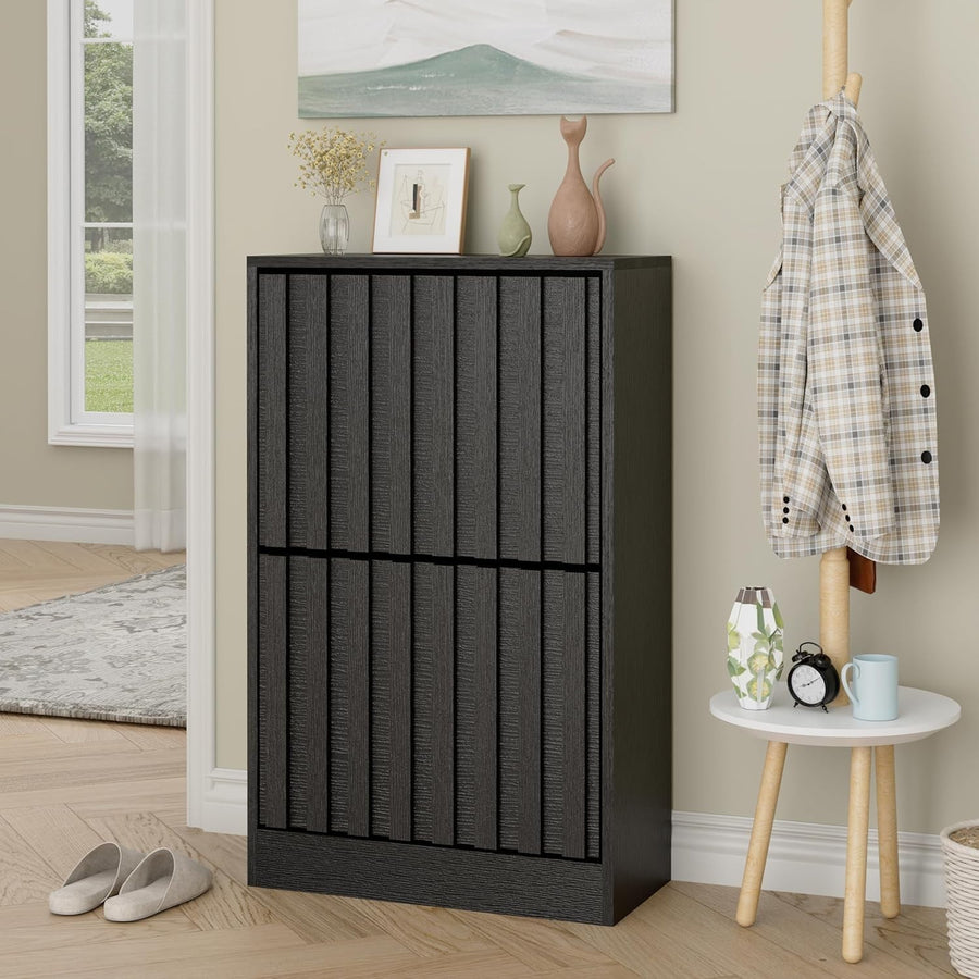 Slim Wooden Shoe Storage Cabinet with 2 Flip Drawers & Ventilated Doors