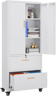Tall Locking Metal File Cabinet 2 Drawer Rolling Office Storage White