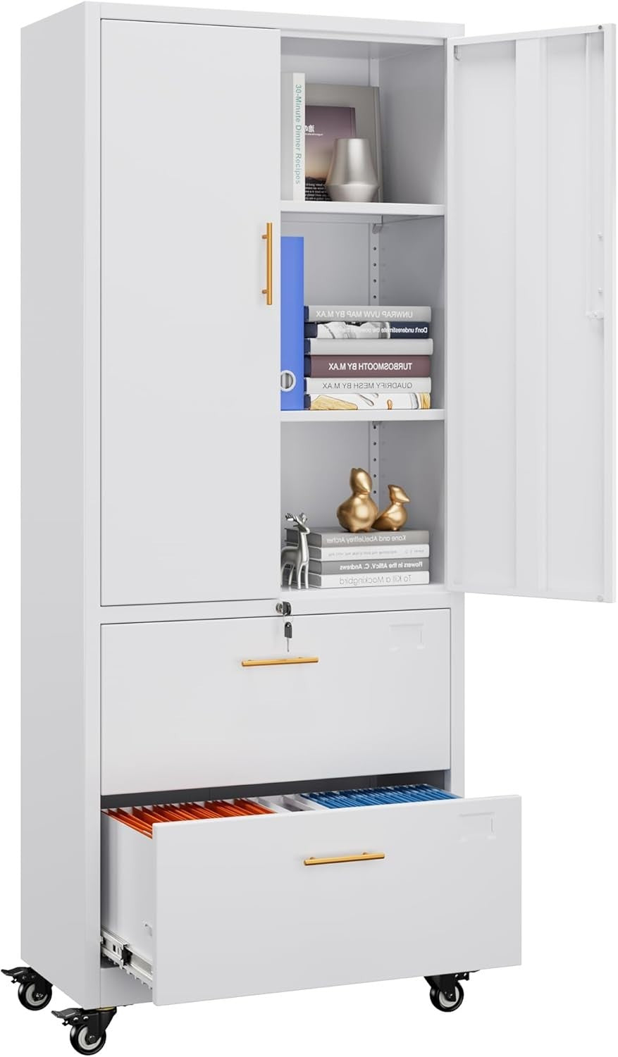 Tall Locking Metal File Cabinet 2 Drawer Rolling Office Storage White