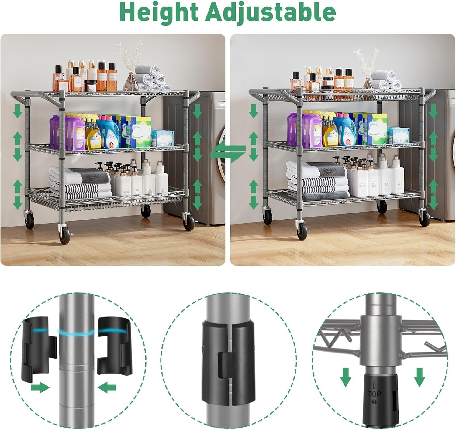 Heavy Duty Utility Cart 3 Tier Rolling Metal Storage Trolley on Wheels