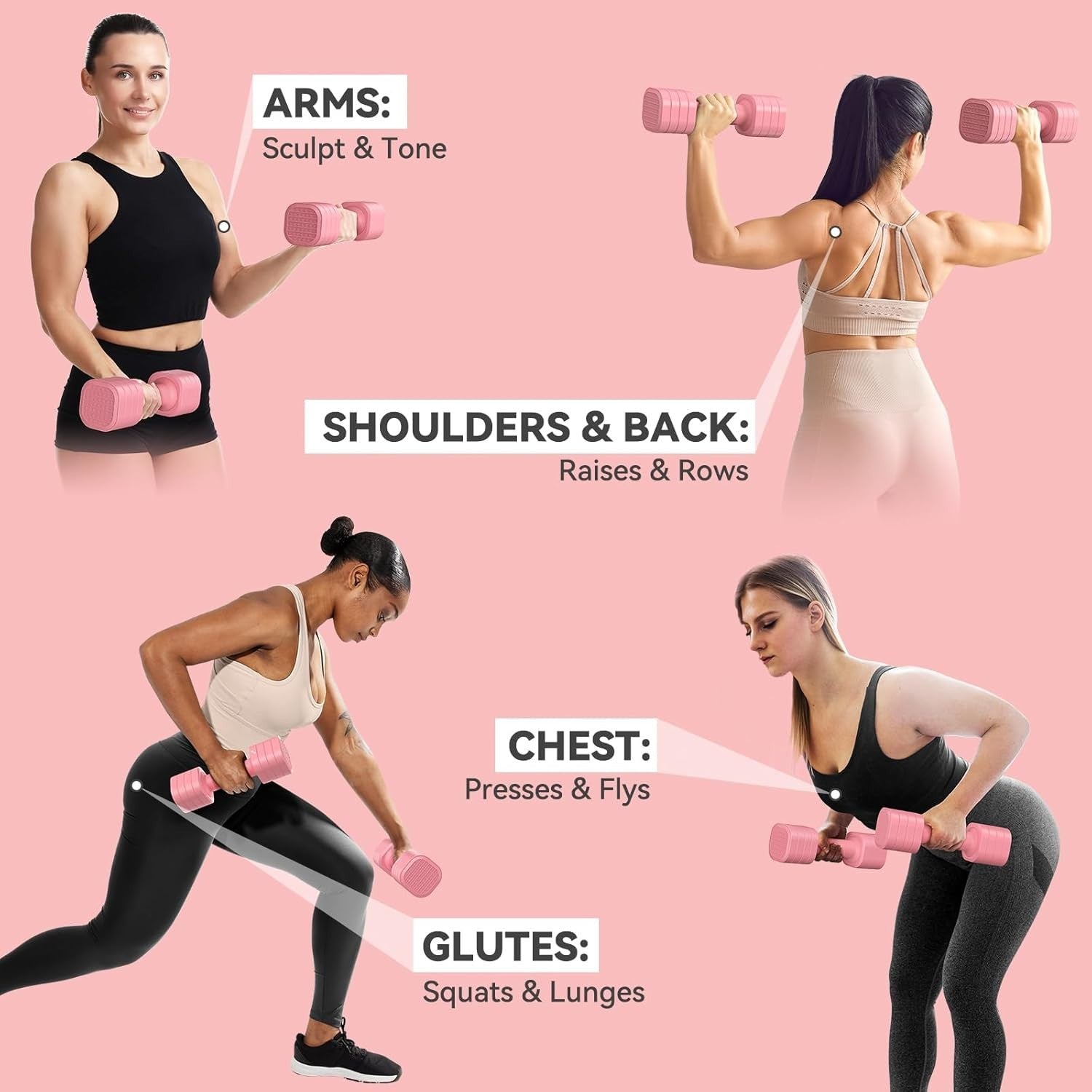 Pink Adjustable Dumbbell Set 2–5lb Pair 4-in-1 Non-Slip Women Weights