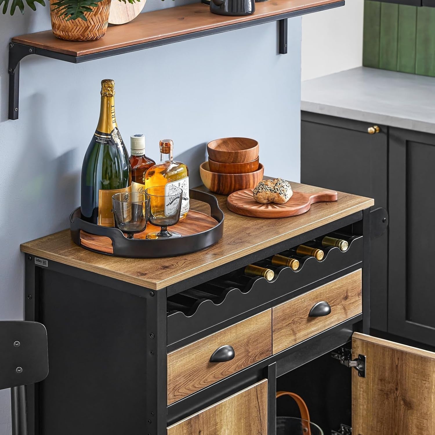 Vintage Brown Kitchen Trolley with Wine Rack, Drawers & Mobile Storage Cabinet