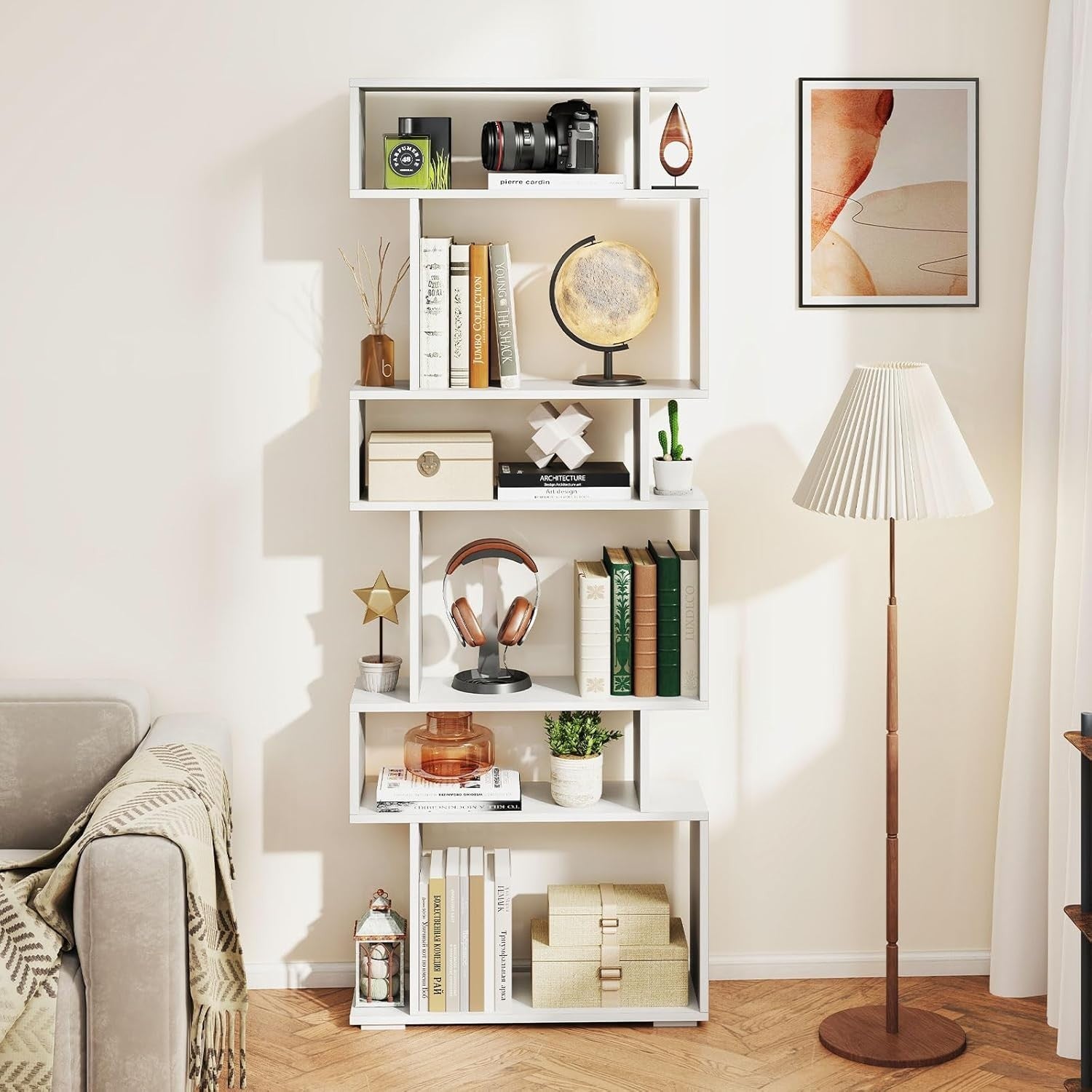6-Tier S-Shaped Bookshelf Ladder Shelf with Anti-Tip Kits, White, Tall Storage