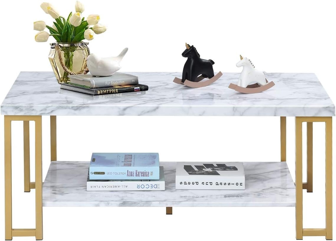 Marble Effect 2-Tier Coffee Table with Shelf, Gold Frame, Small Space Living Roo