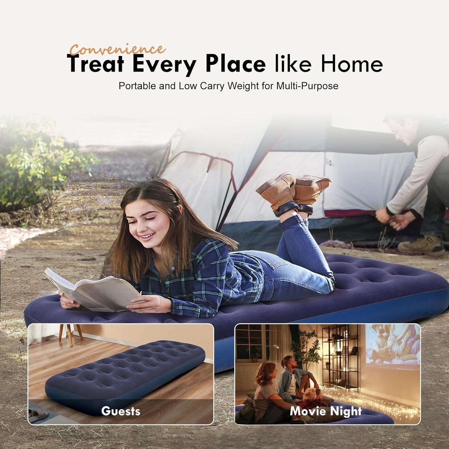 Single Air Mattress Inflatable Bed – Flocked Top Camping Sleeping Pad