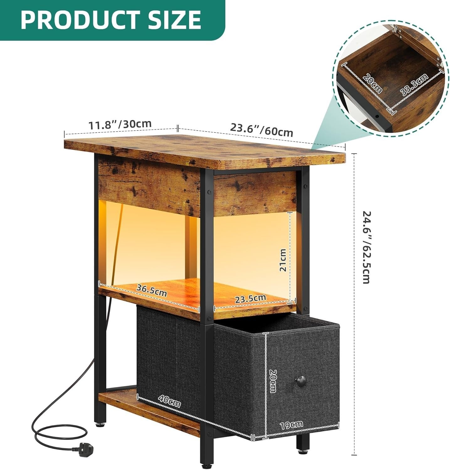 Set of 2 Rustic Brown LED Bedside Tables | USB Charging Station