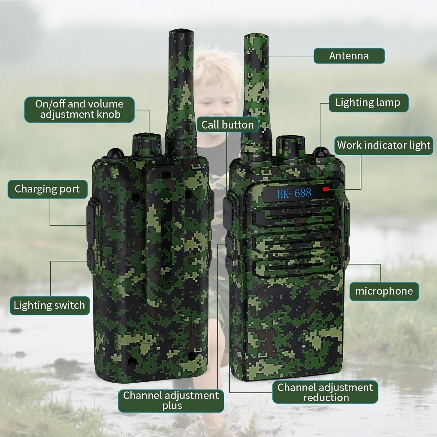 Kids Walkie Talkies Rechargeable 3KM Range 8 Channel VOX Flashlight Camo