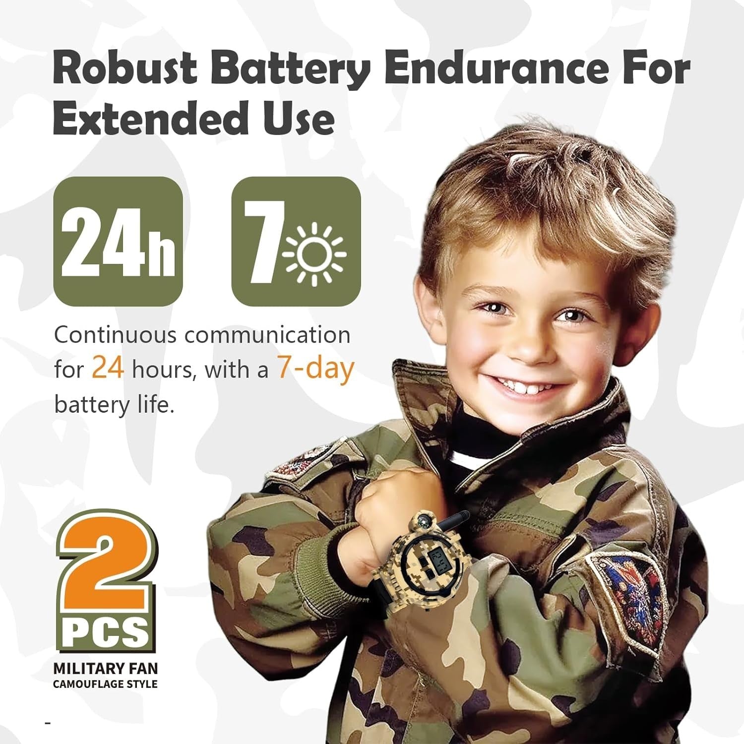 Kids Rechargeable Walkie Talkies 2 Pack Camo Long Range Radio w Flashlight