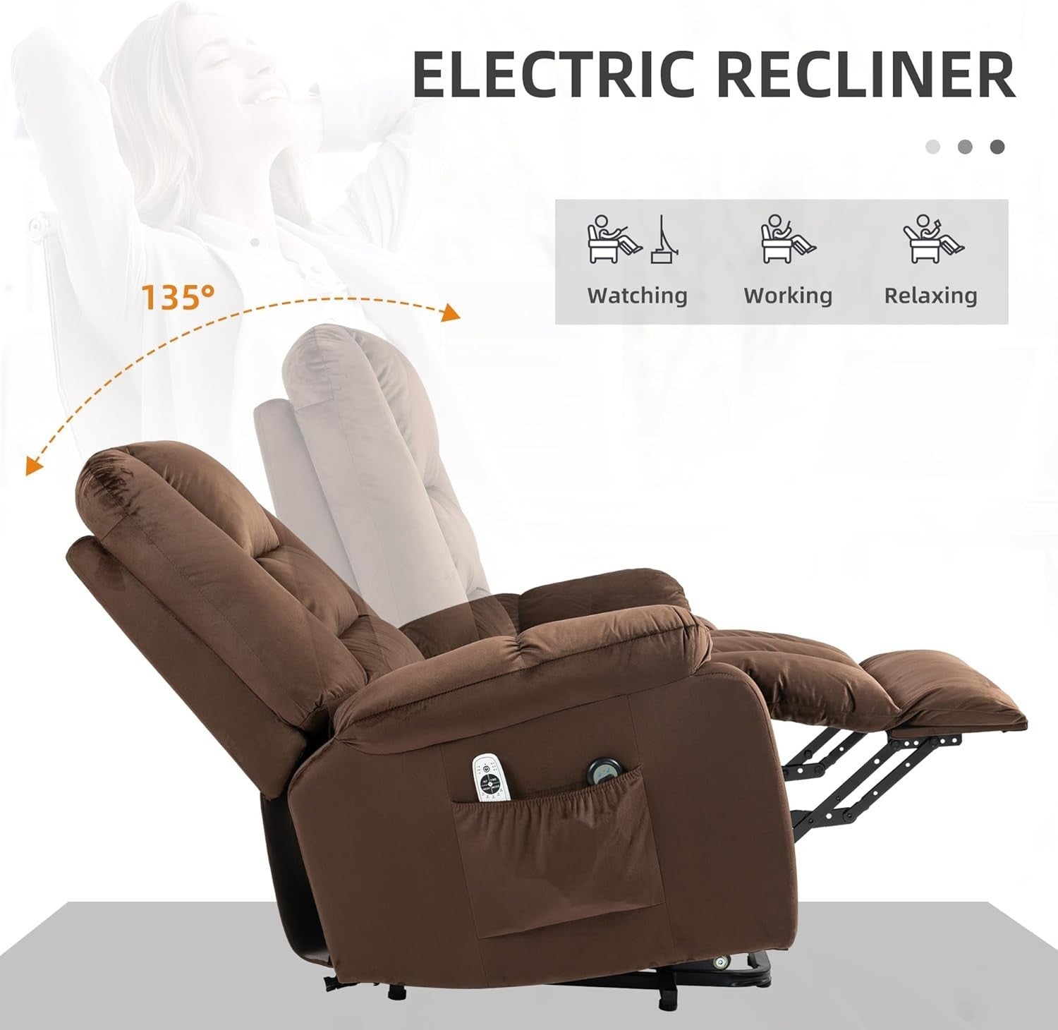 Velvet Lift Recliner Chair Massage Heat Riser Armchair for Elderly Brown