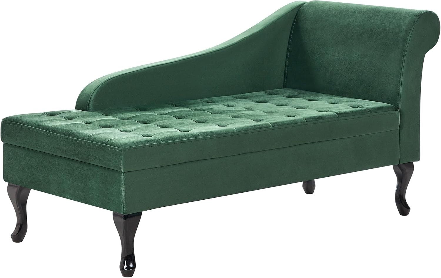 Velvet Right Hand Chaise Lounge with Storage & Cushion, Wooden Legs, Dark Green