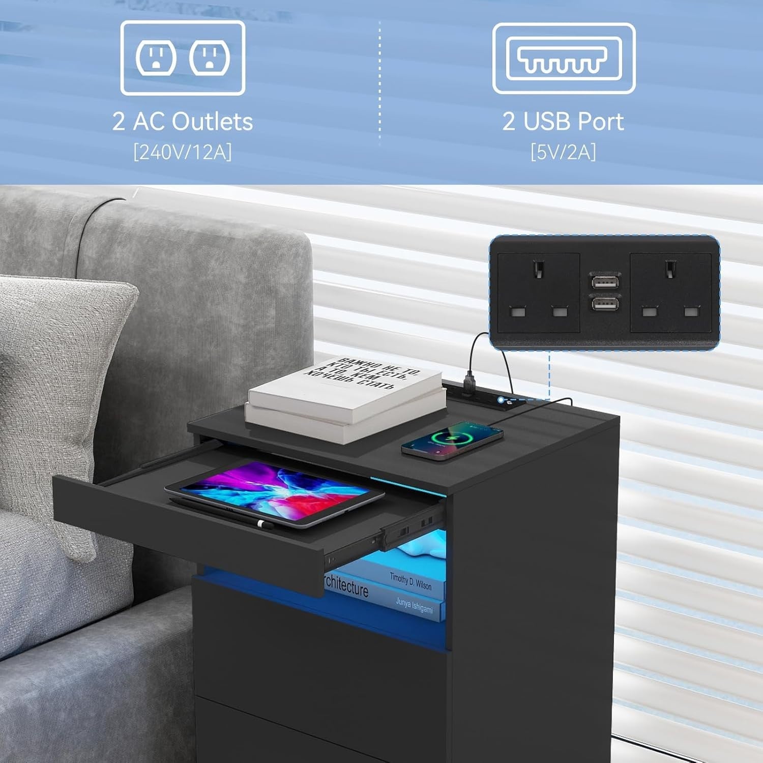 Modern Black LED Bedside Table with Drawers & USB Charging Station