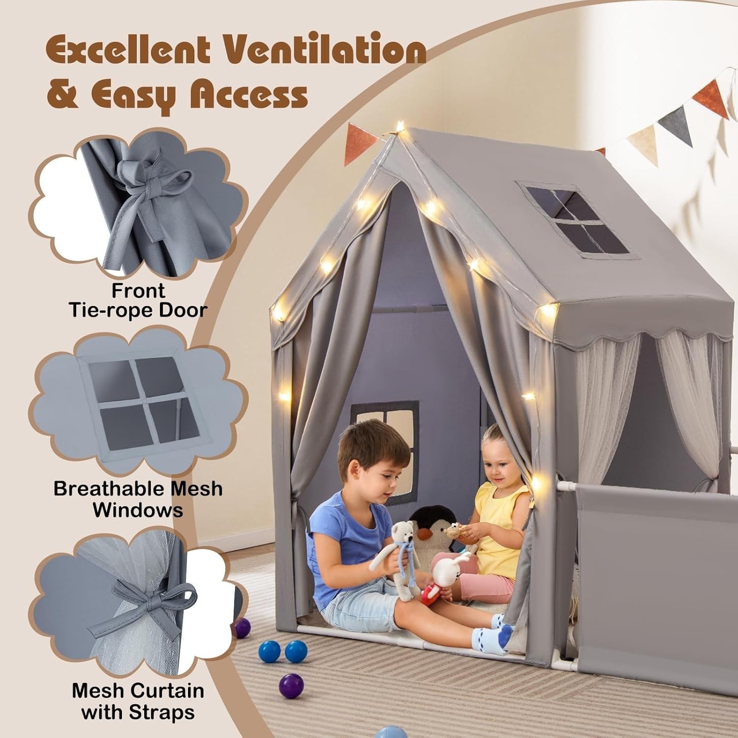 Kids Play Tent Grey Castle with Lights Mat Indoor Toddler Playhouse