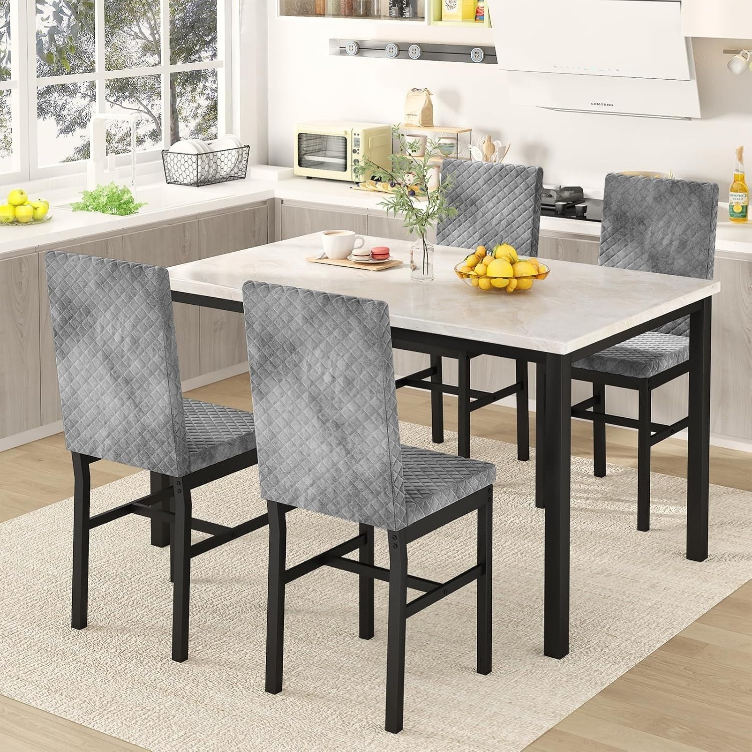 Faux Marble Dining Table & 4 Upholstered Chairs Set Space-Saving Design (Gray)