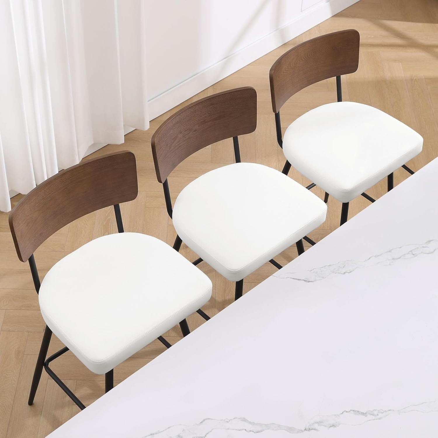 Swivel Bar Stools Set of 2 PU Leather White Wood Back 65cm Seat