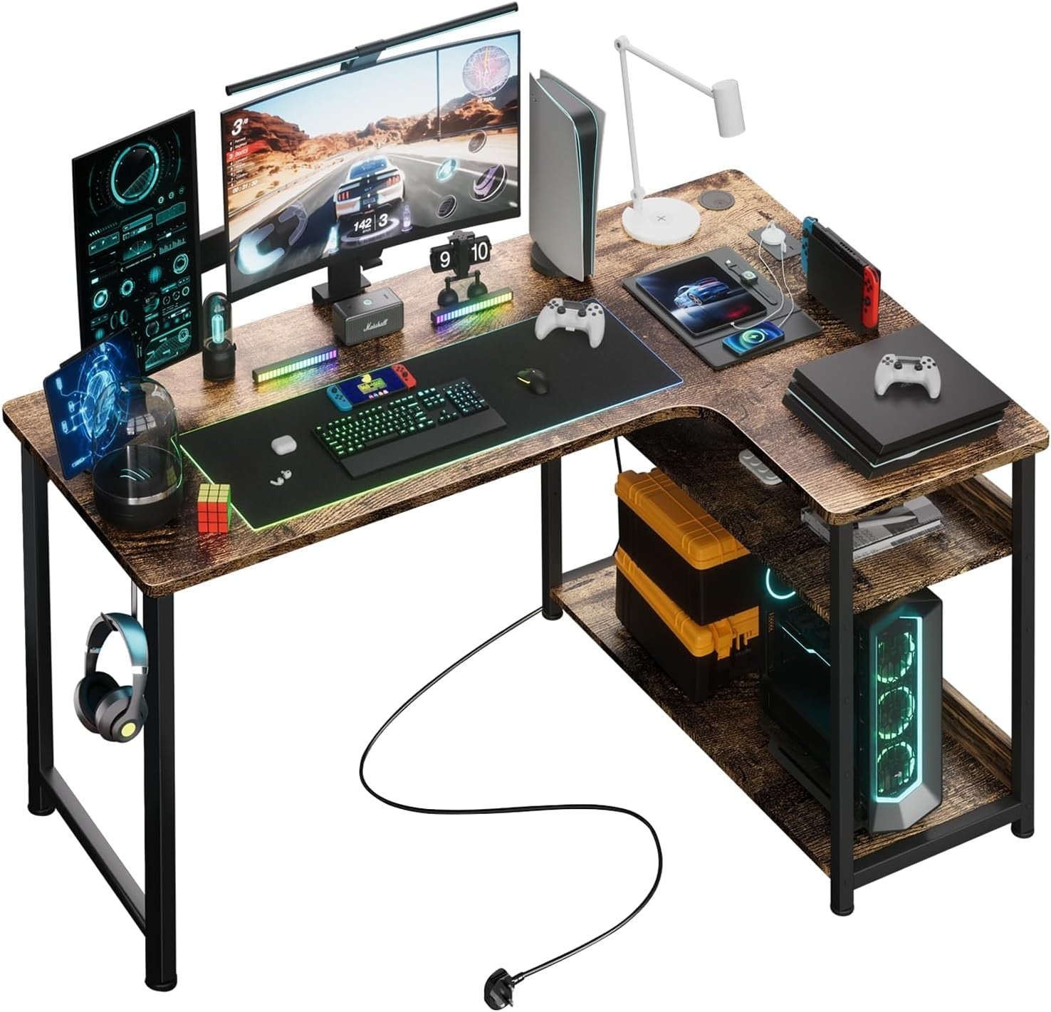 L Shaped Gaming Desk 110x80cm with USB Ports Shelves Hook Corner Office Table