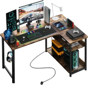 L Shaped Gaming Desk 110x80cm with USB Ports Shelves Hook Corner Office Table