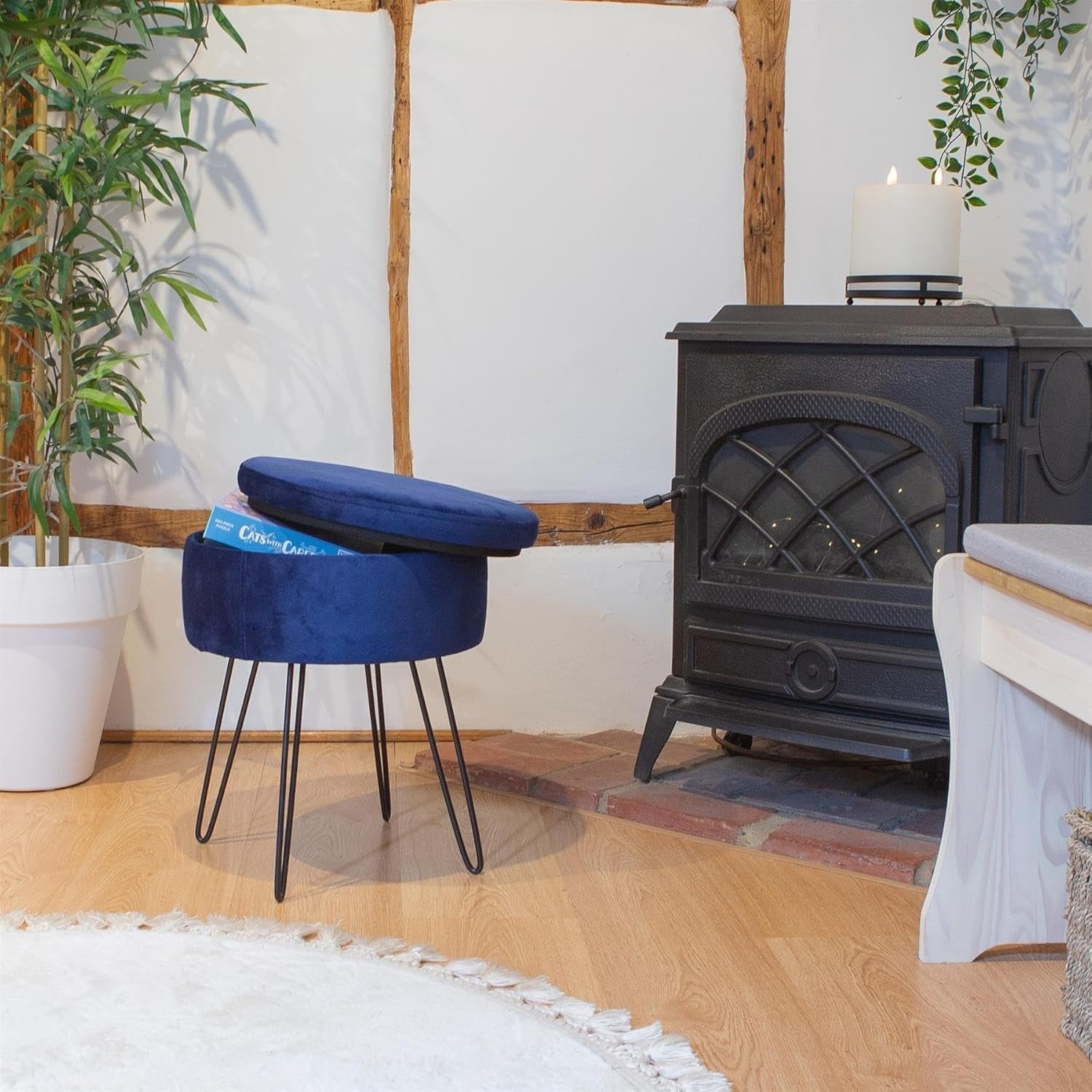 Set of 2 Blue Velvet Storage Footstools Black Legs Round Pouffe Seats
