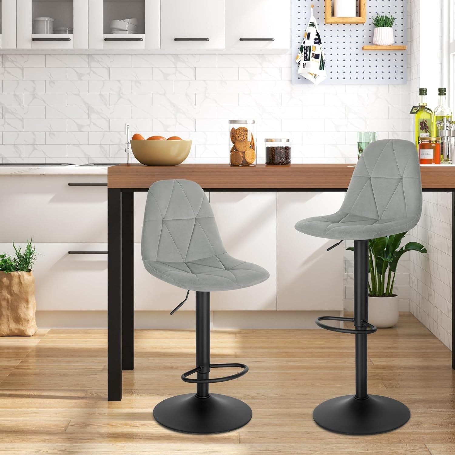 Adjustable Swivel Light Grey Velvet Bar Stool L-Shaped Seat 60-81cm