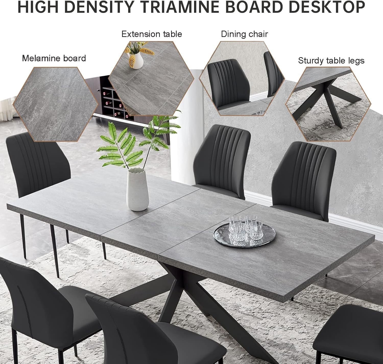 Extendable Dining Table Set 6 Black Chairs MDF Kitchen Living Room Furniture