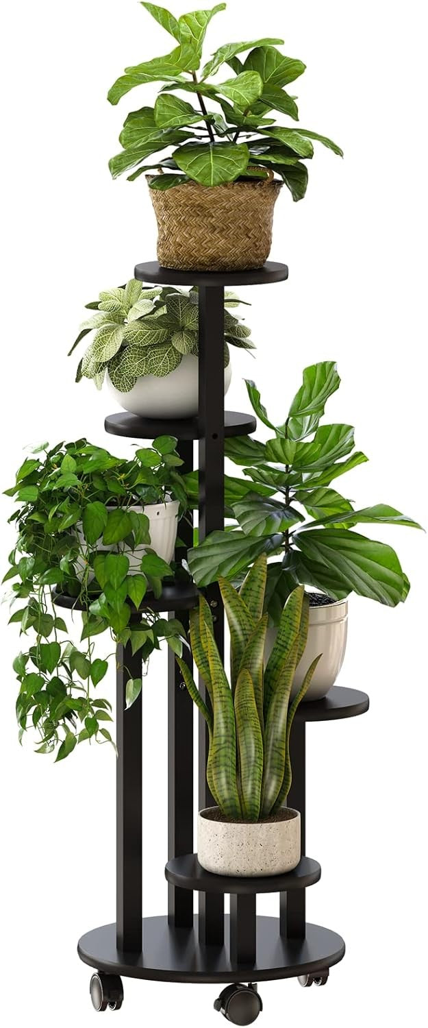 5 Tier Black Bamboo Plant Stand with Wheels Indoor Outdoor Corner Flower Shelf