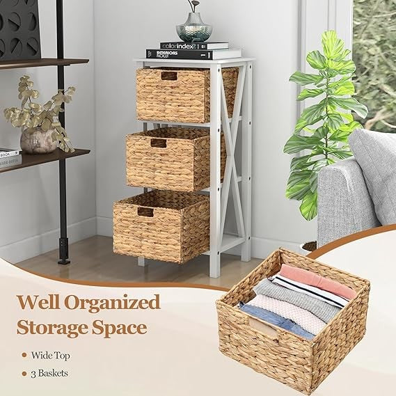 2x White 3-Tier Bedside Tables with Seagrass Baskets | Tall Slim Rustic