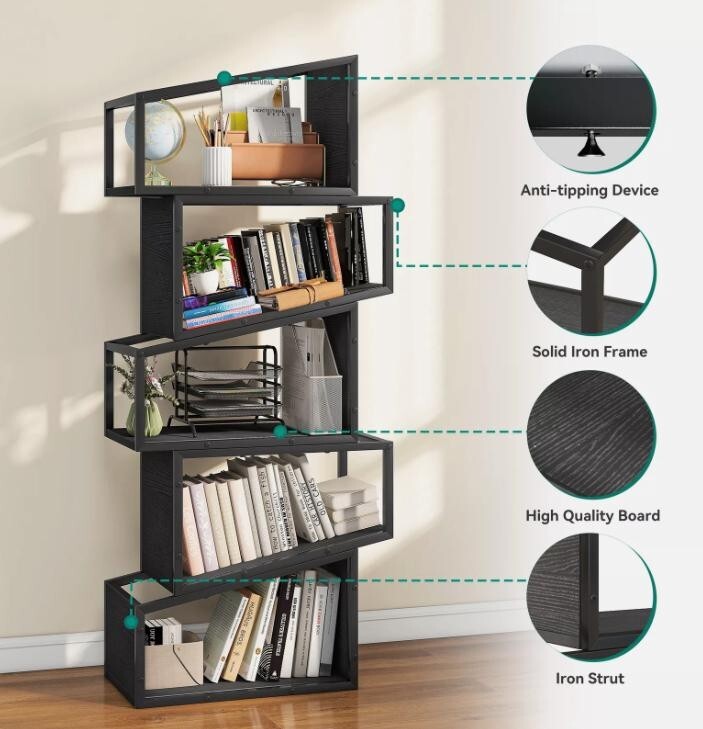 Modern 5 Tier Bookcase Tall Zigzag Bookshelf Display Storage Unit Black