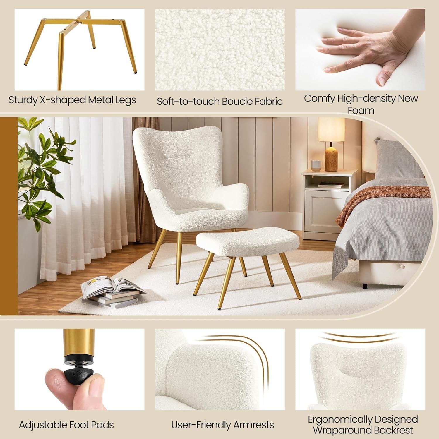 Sherpa Boucle Armchair with Ottoman High Back Lounge Chair Ivory