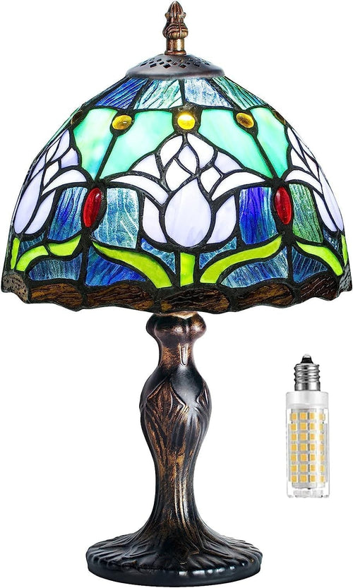 Vintage Stained Glass Table Lamp Blue Tulip Light for Bedroom Office