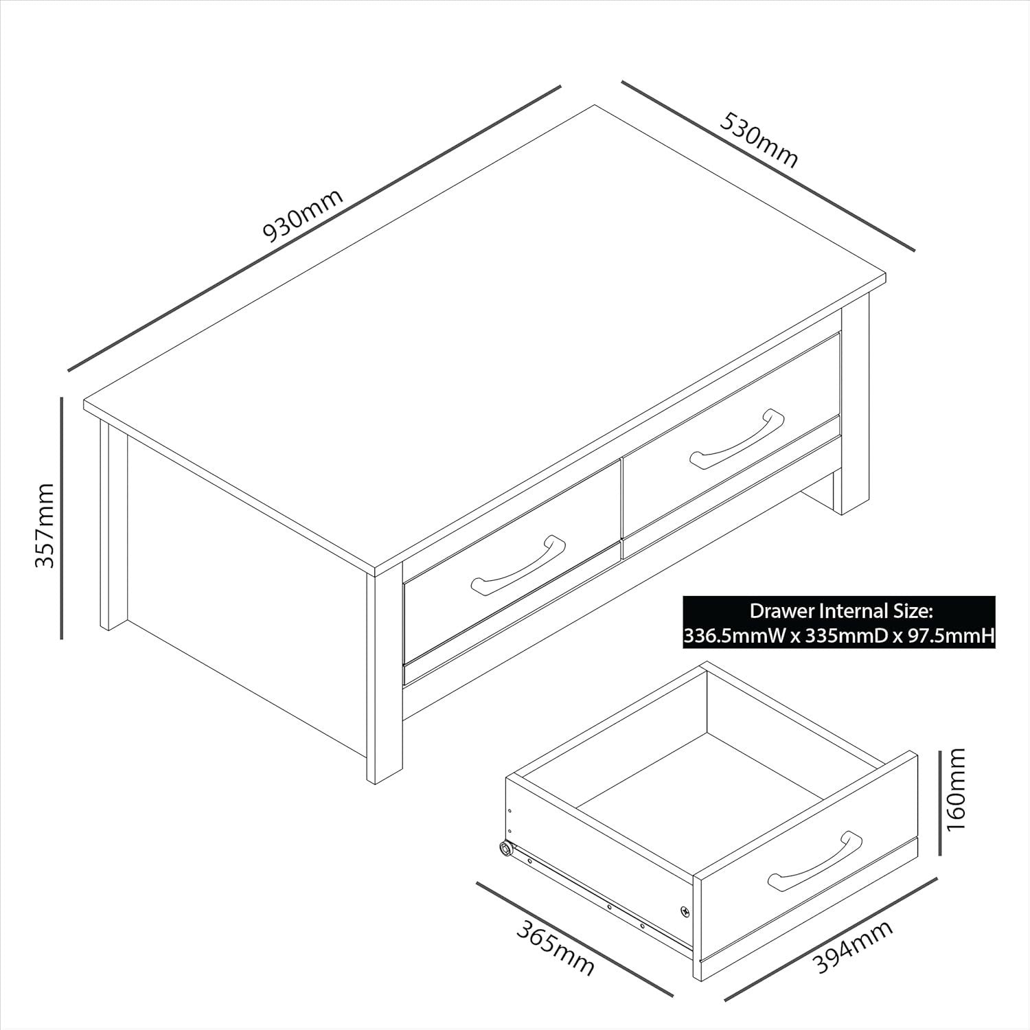 Dark Grey Coffee Table with 2 Drawers & Shelf 93x53x36cm Storage Unit