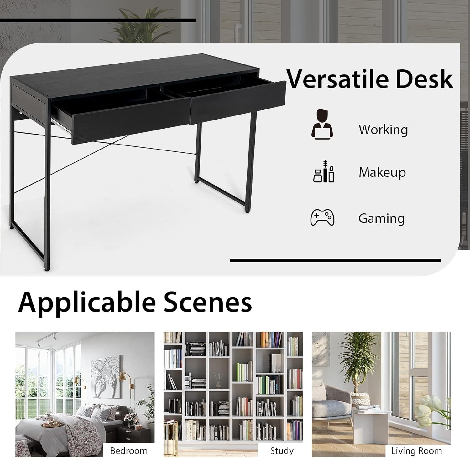 Modern Black Computer Desk w/Drawers | Metal Frame Laptop Workstation