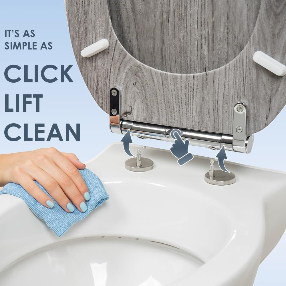 Grey Oak Effect Toilet Seat Soft Close MDF Quick Release Universal Fit 42x36cm