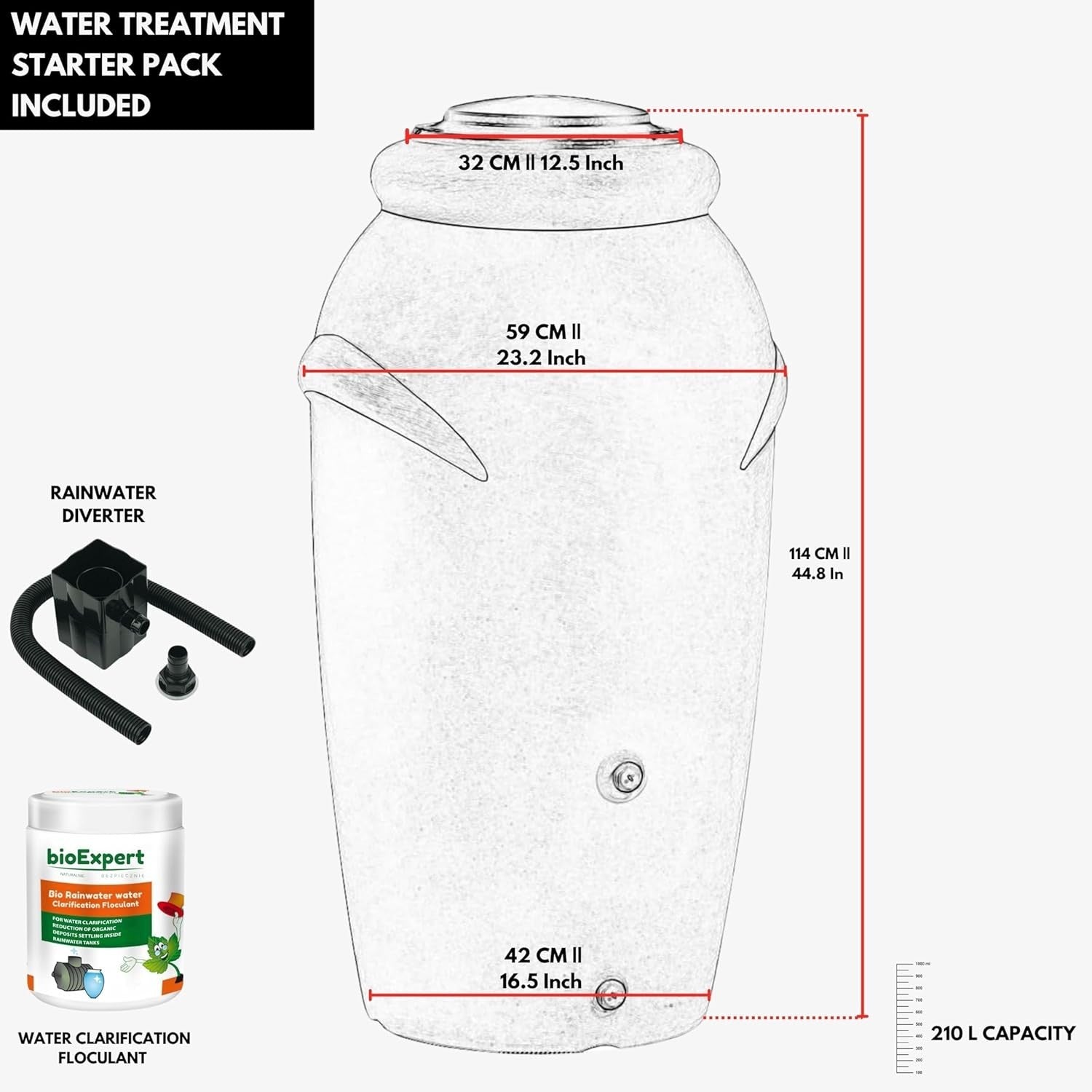 210L Amphora Water Butt With Tap Diverter Bio Cleaner Terracotta Garden