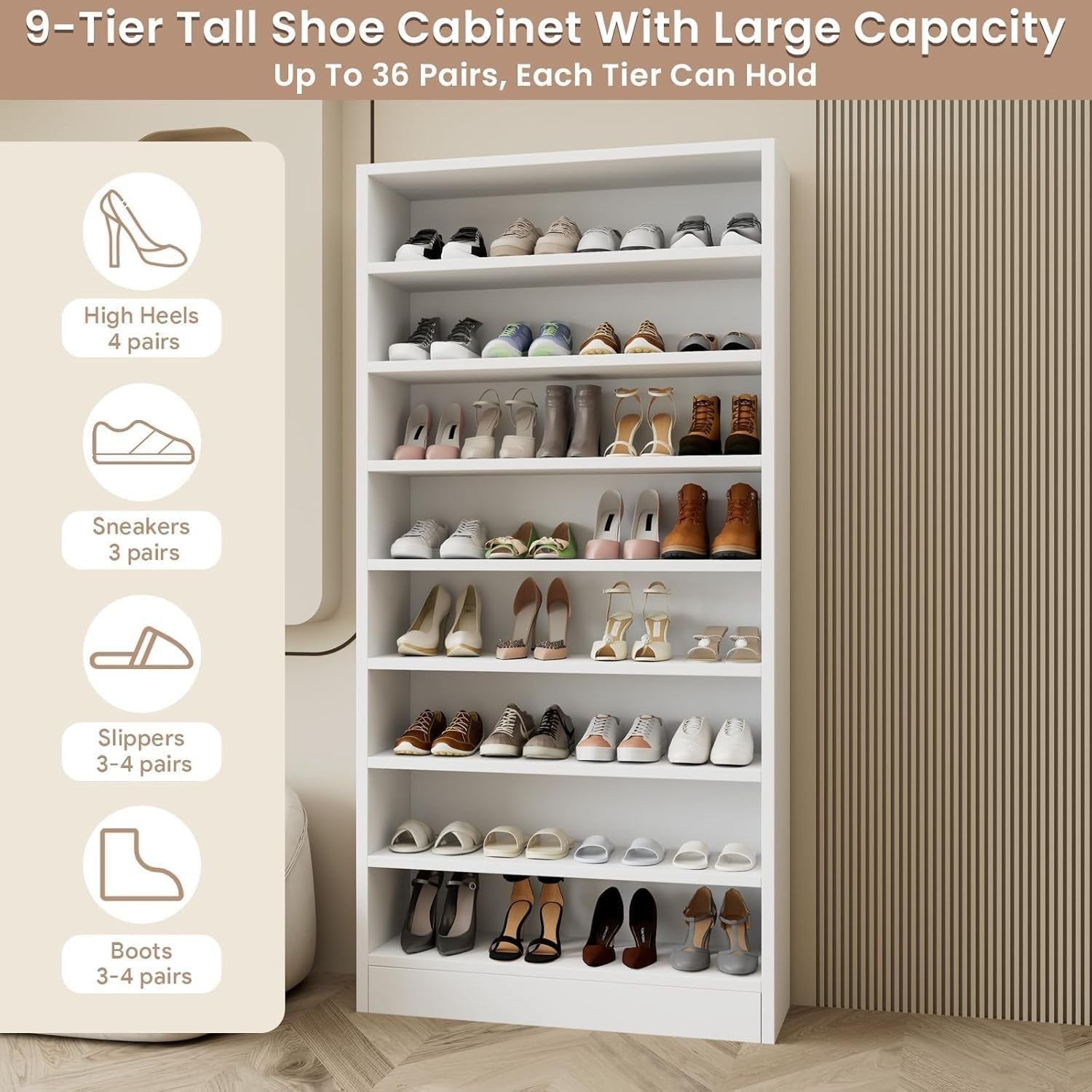 9-Tier Tall Shoe Rack Cabinet Storage Unit – White Freestanding 180cm