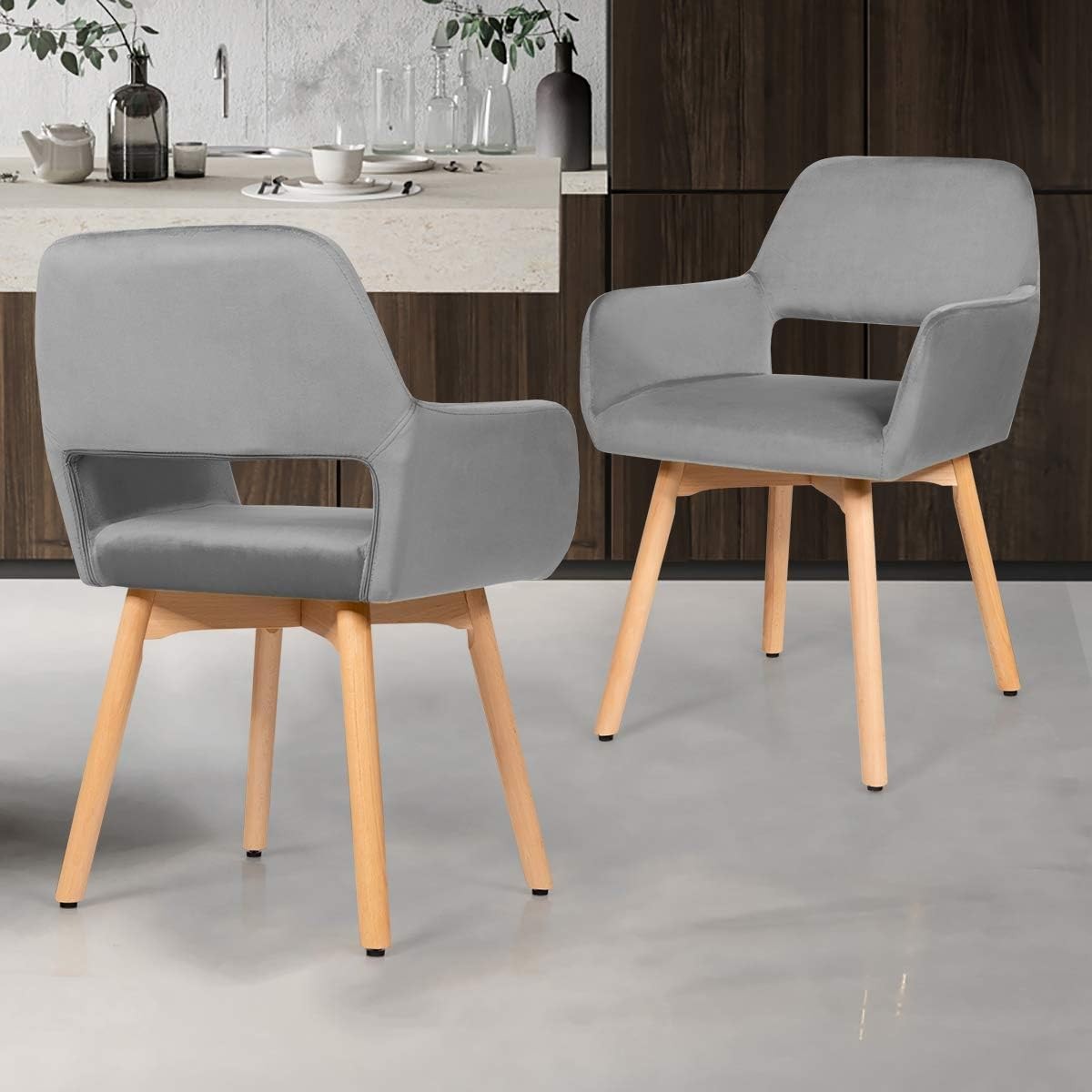 Velvet Dining Chairs Set of 2 Grey Upholstered Tub Armchairs