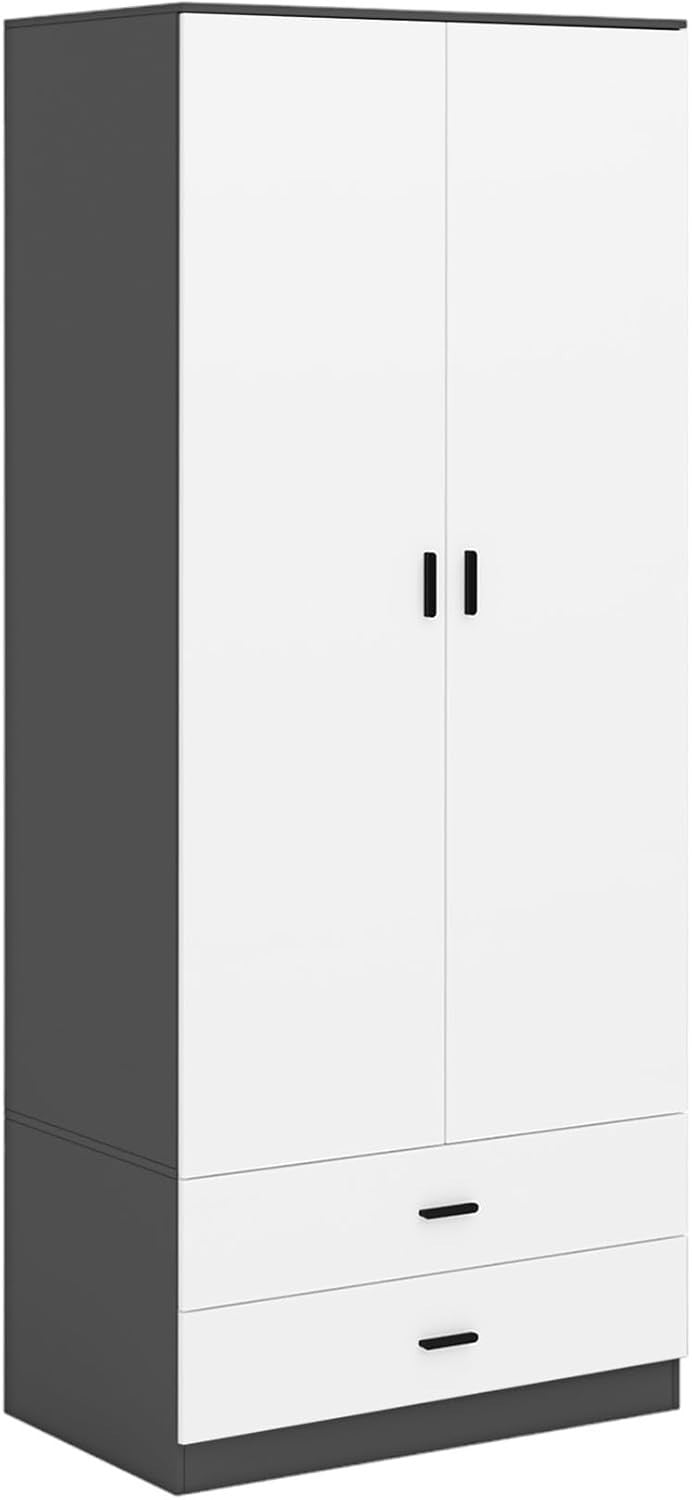 Modern White Black Wardrobe 2 Door 2 Drawer Rail Slim Bedroom Storage