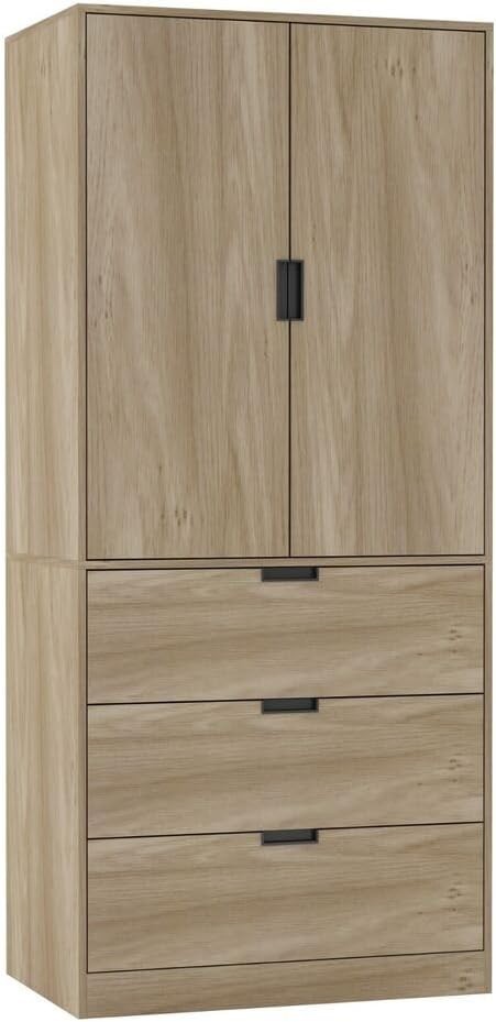 Modern Oak 2-Door Wardrobe with 3 Drawers, Clothes Rail & Spacious Storage