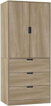 Modern Oak 2-Door Wardrobe with 3 Drawers, Clothes Rail & Spacious Storage