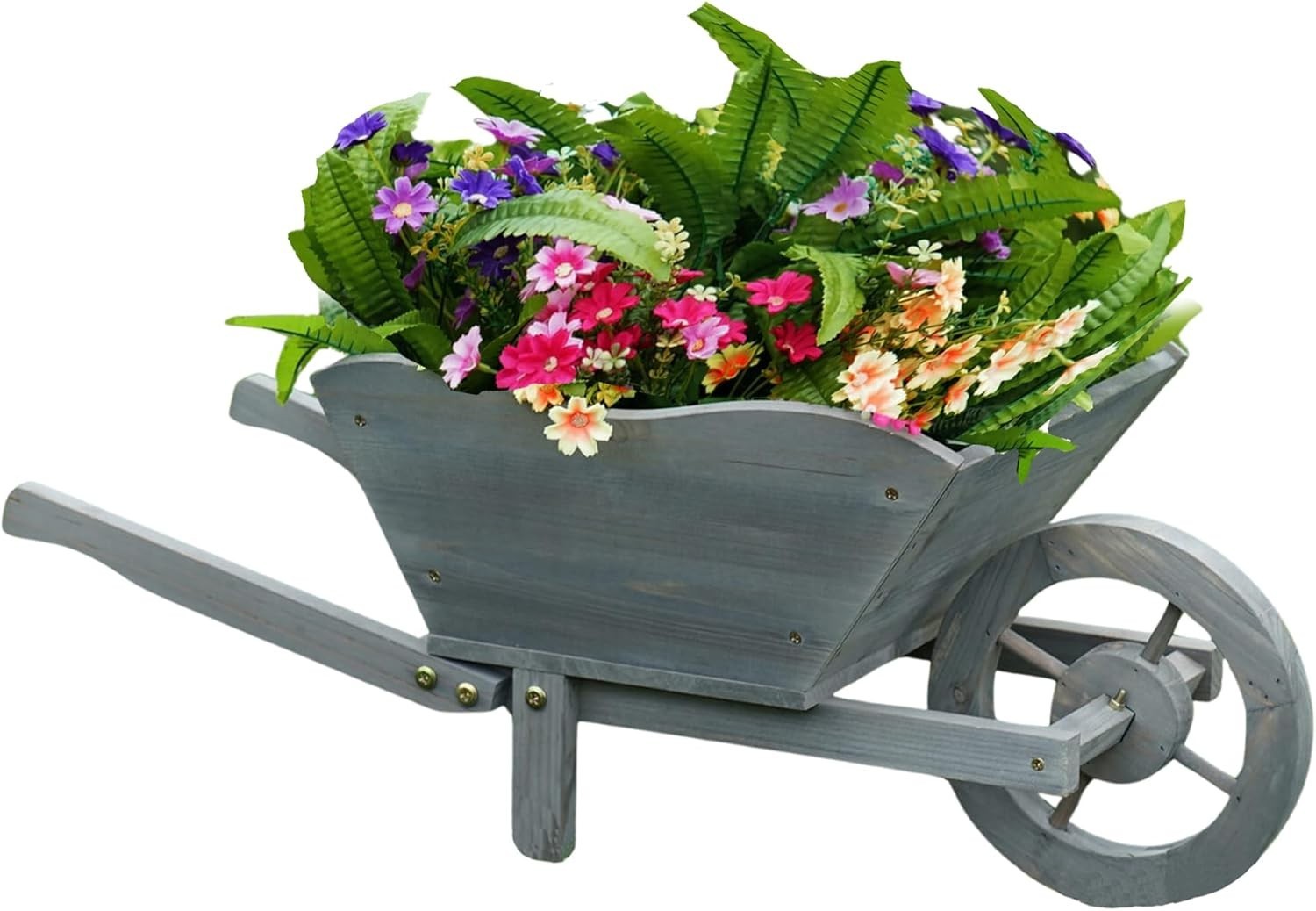 Large Wooden Garden Wheelbarrow Planter – Rustic Grey Design w/ Handles & Wheel