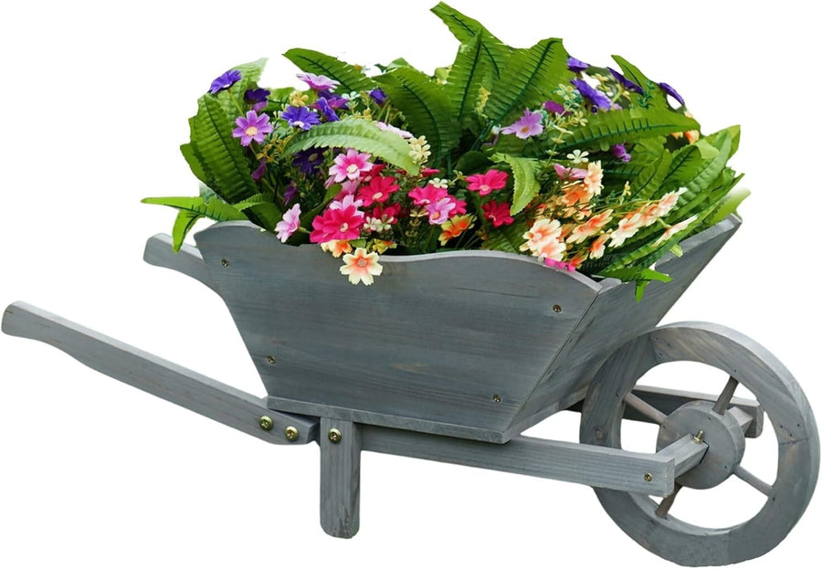 Large Wooden Garden Wheelbarrow Planter – Rustic Grey Design w/ Handles & Wheel