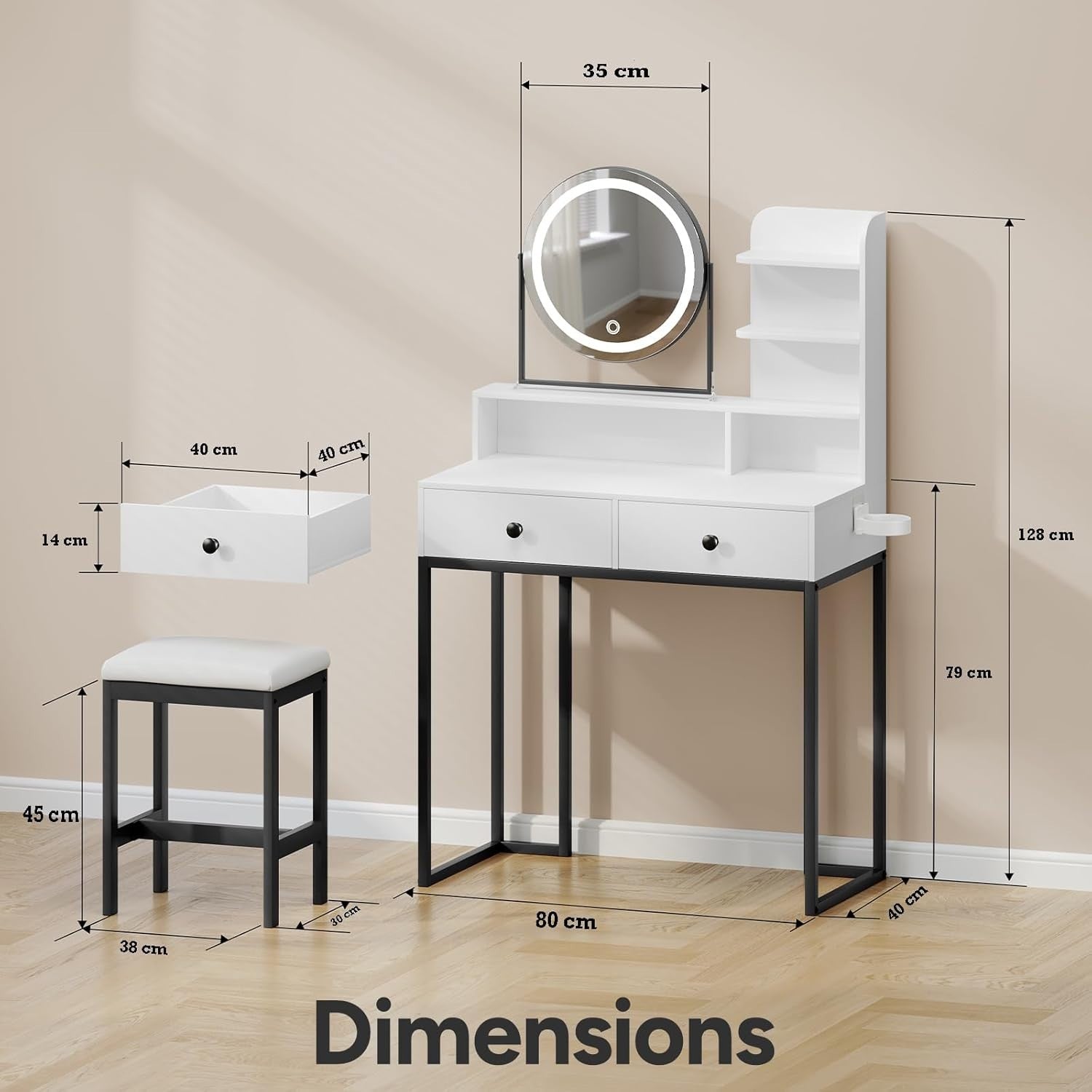 Vanity Dressing Table Desk Set w/ LED Mirror Storage Drawers Stool White/Black