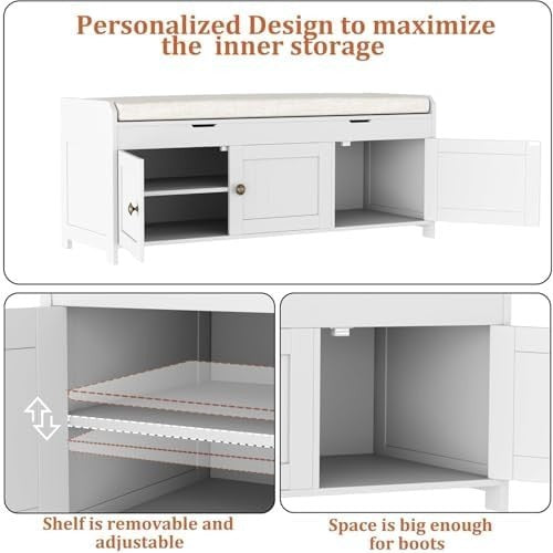 White Shoe Storage Bench with Cushion Seat 3-Door Cabinet & Hidden Compartment