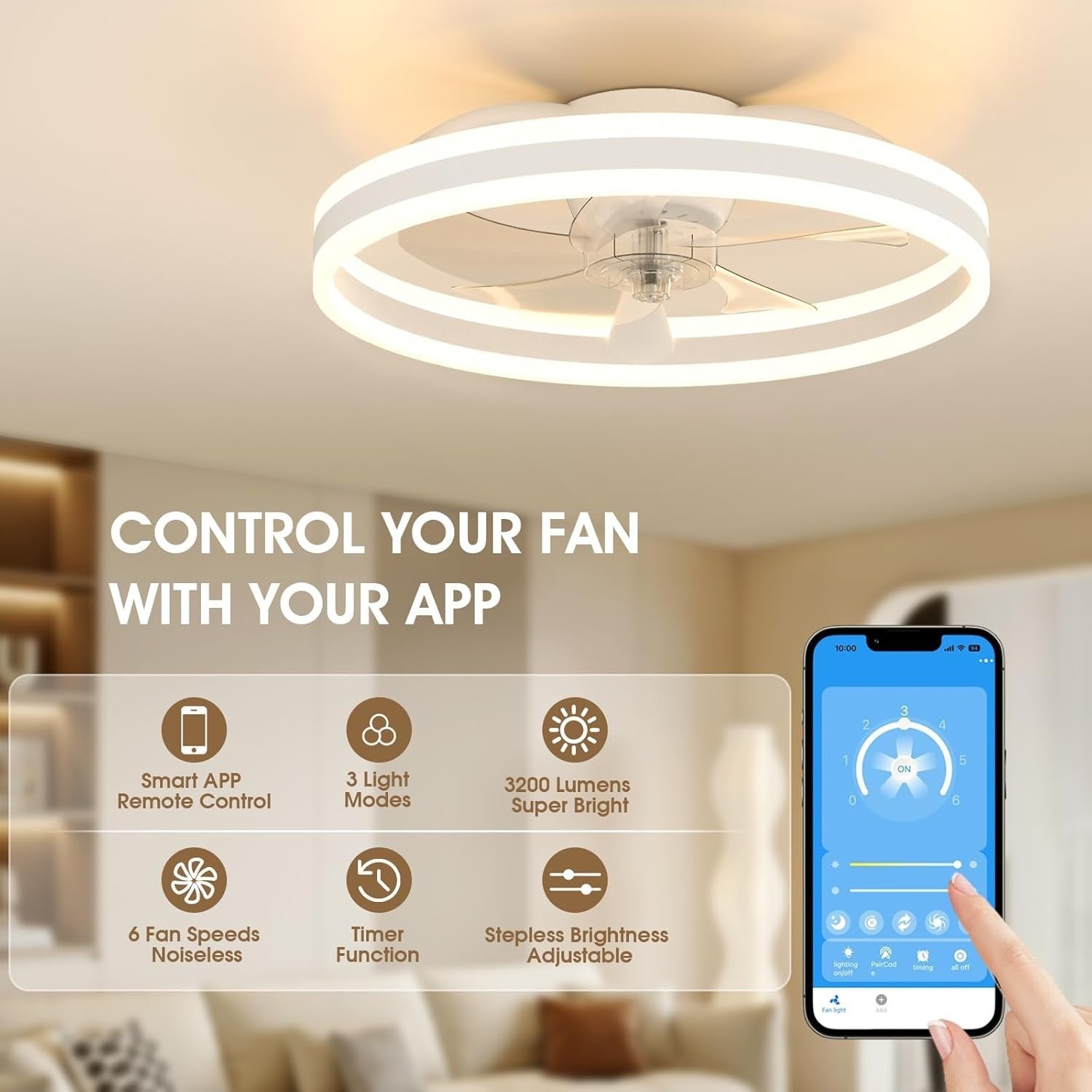 50cm LED Ceiling Fan Light with Remote, 6 Speeds, Quiet, Dimmable, Modern